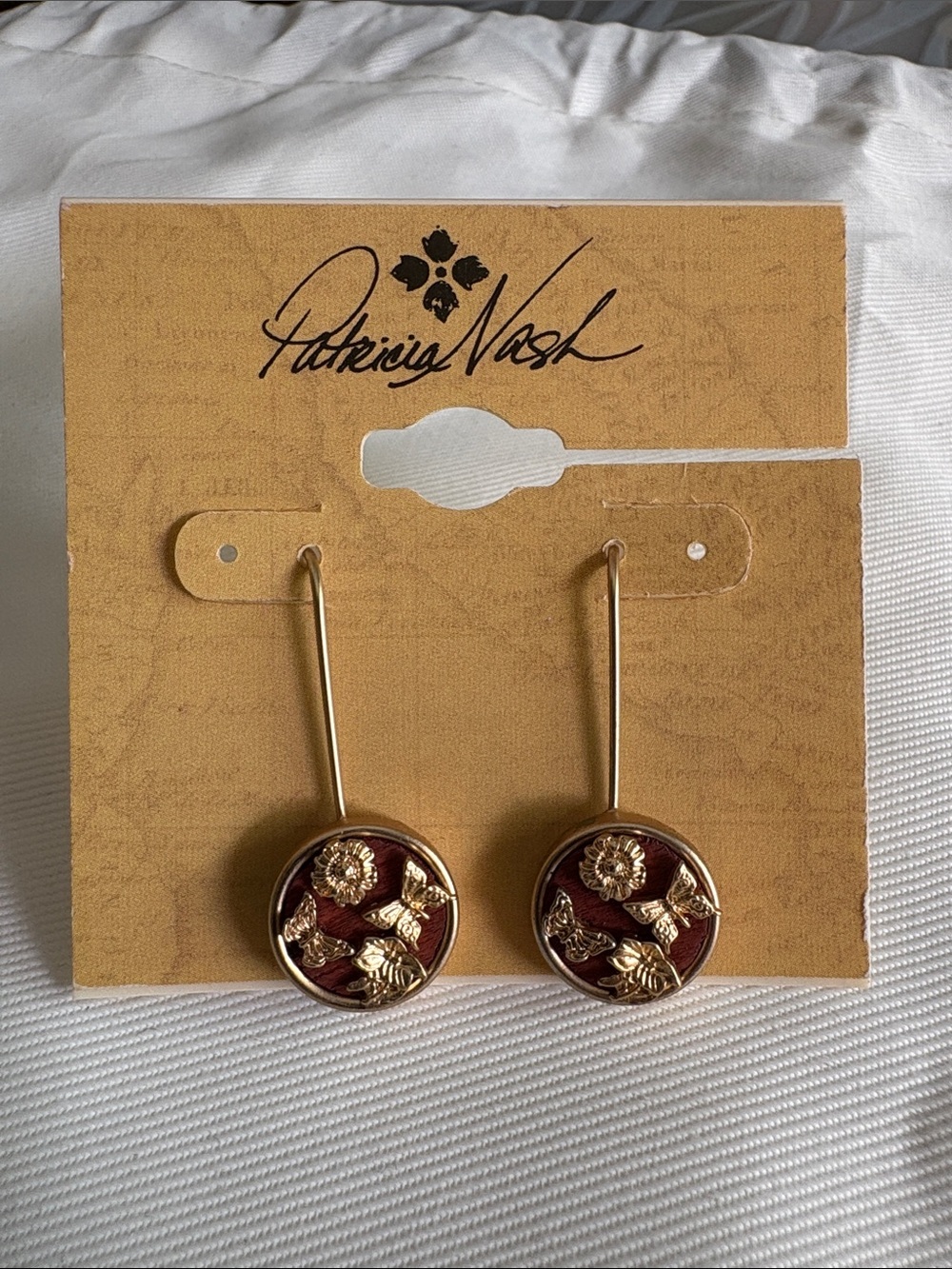 Patricia Nash Burgundy Floral & Butterfly Drop Earrings NWT Gold Tone